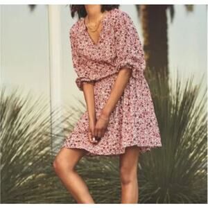 Sundry Evereve Womens Sz 1 (S) Ditsy Floral Smocked Long Sleeve Dress Dahlia Red